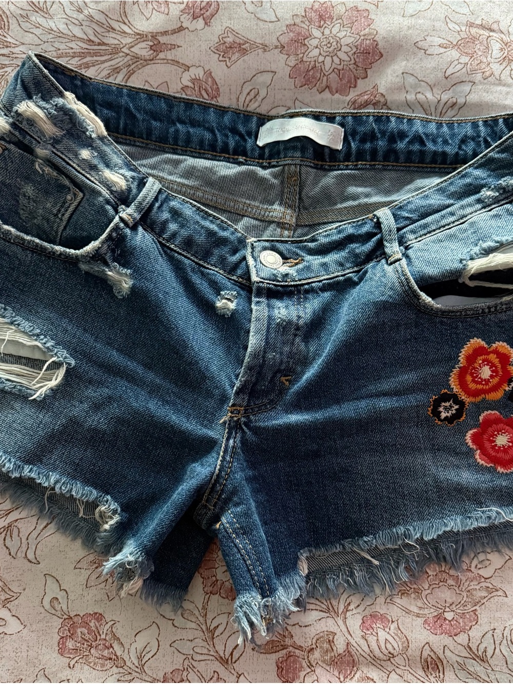 Zara Blue Distressed Denim Shorts with Floral Patch